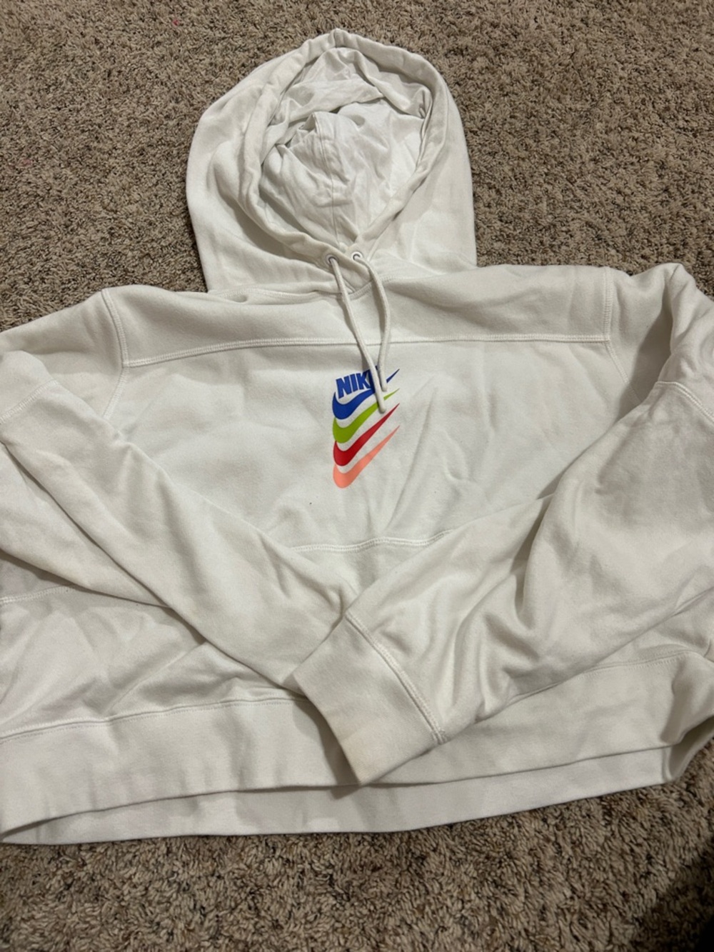 Nike White Hoodie with Multicolor Swoosh Stack